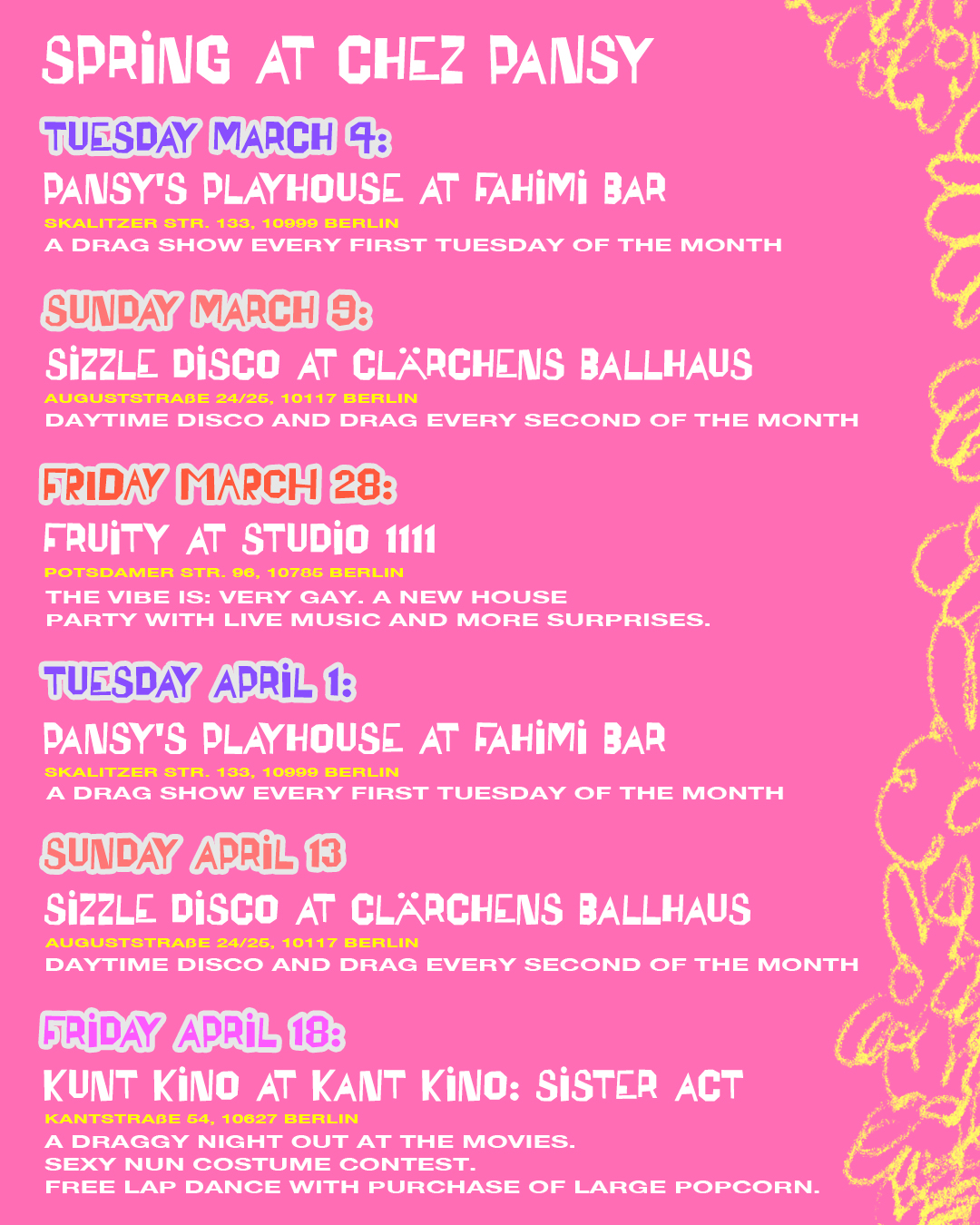 Pansy's Playhouse spring calendar
